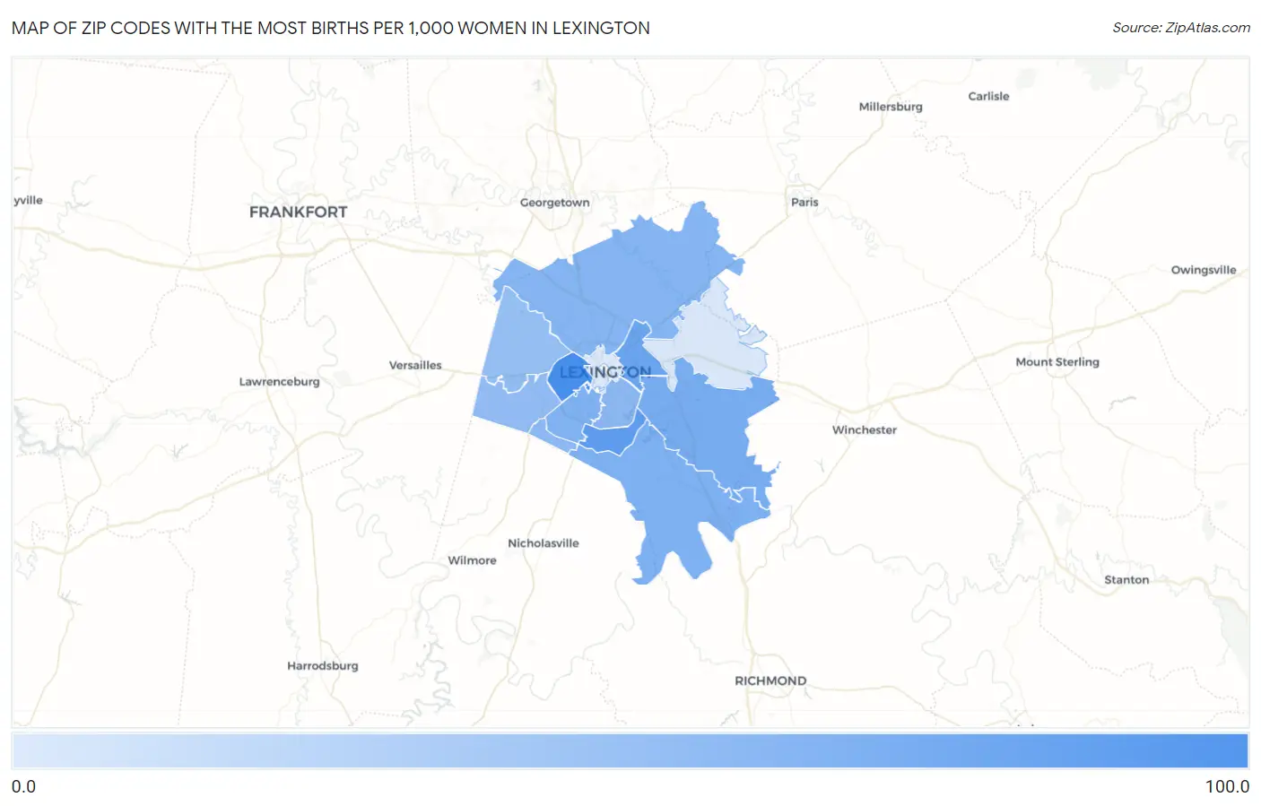 Zip Codes with the Most Births per 1,000 Women in Lexington Map