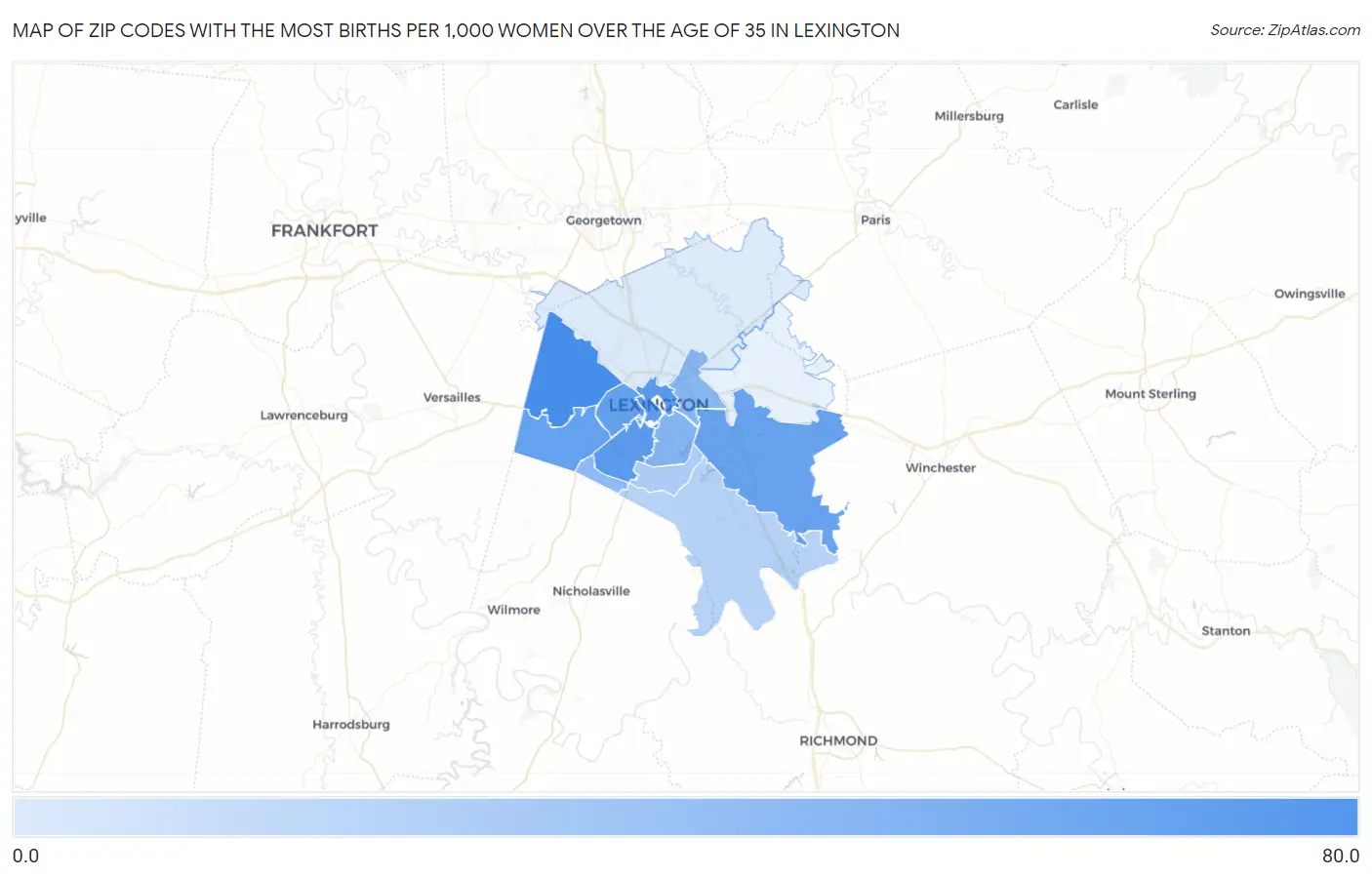 Zip Codes with the Most Births per 1,000 Women Over the Age of 35 in Lexington Map