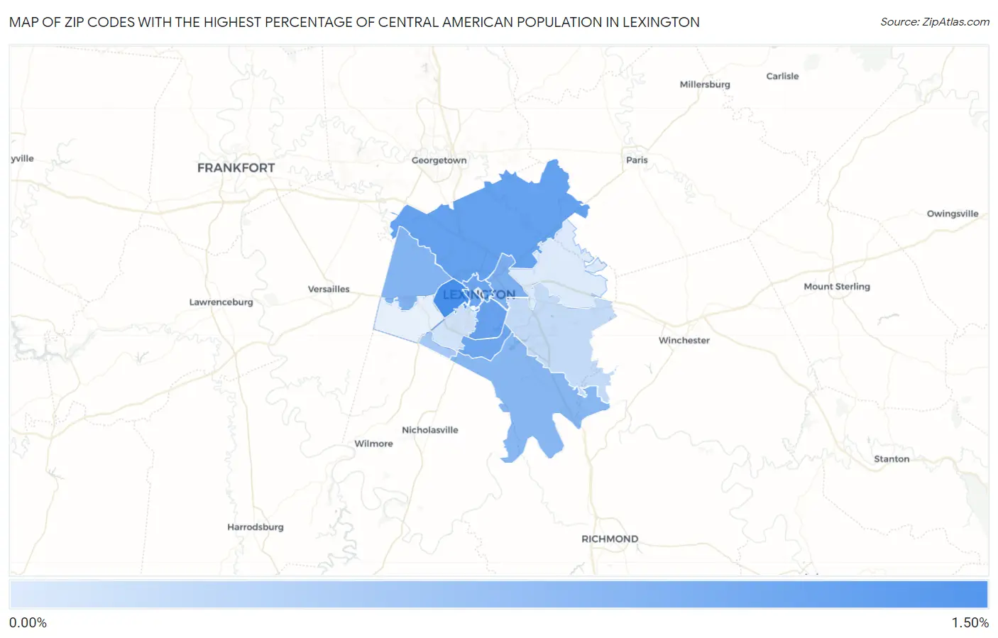 Zip Codes with the Highest Percentage of Central American Population in Lexington Map