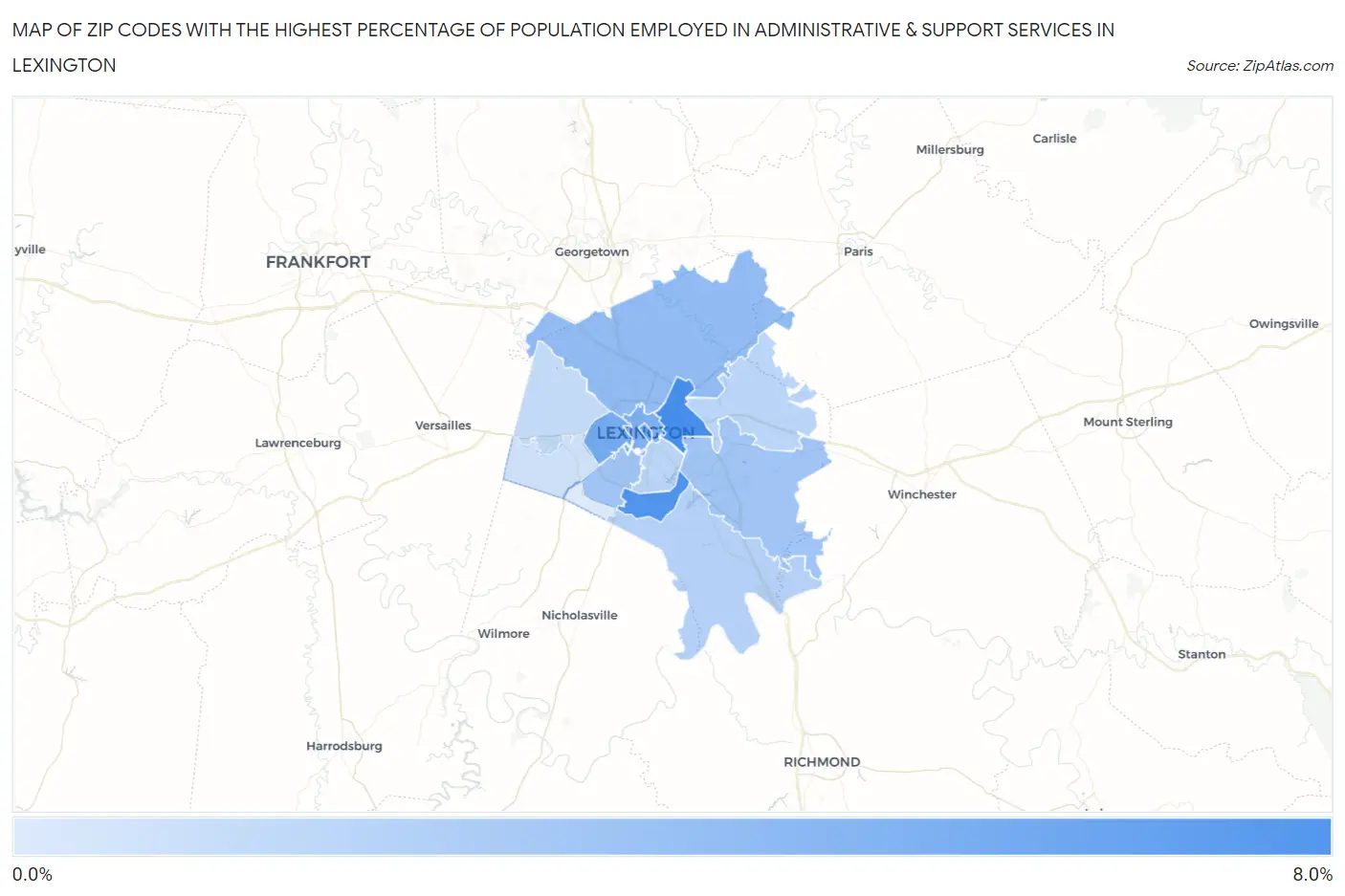 Zip Codes with the Highest Percentage of Population Employed in Administrative & Support Services in Lexington Map