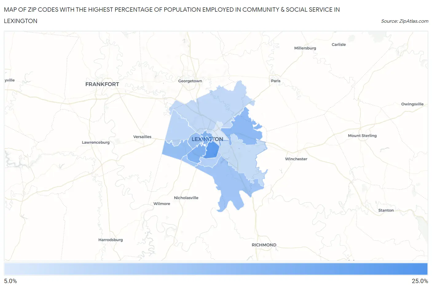 Zip Codes with the Highest Percentage of Population Employed in Community & Social Service  in Lexington Map
