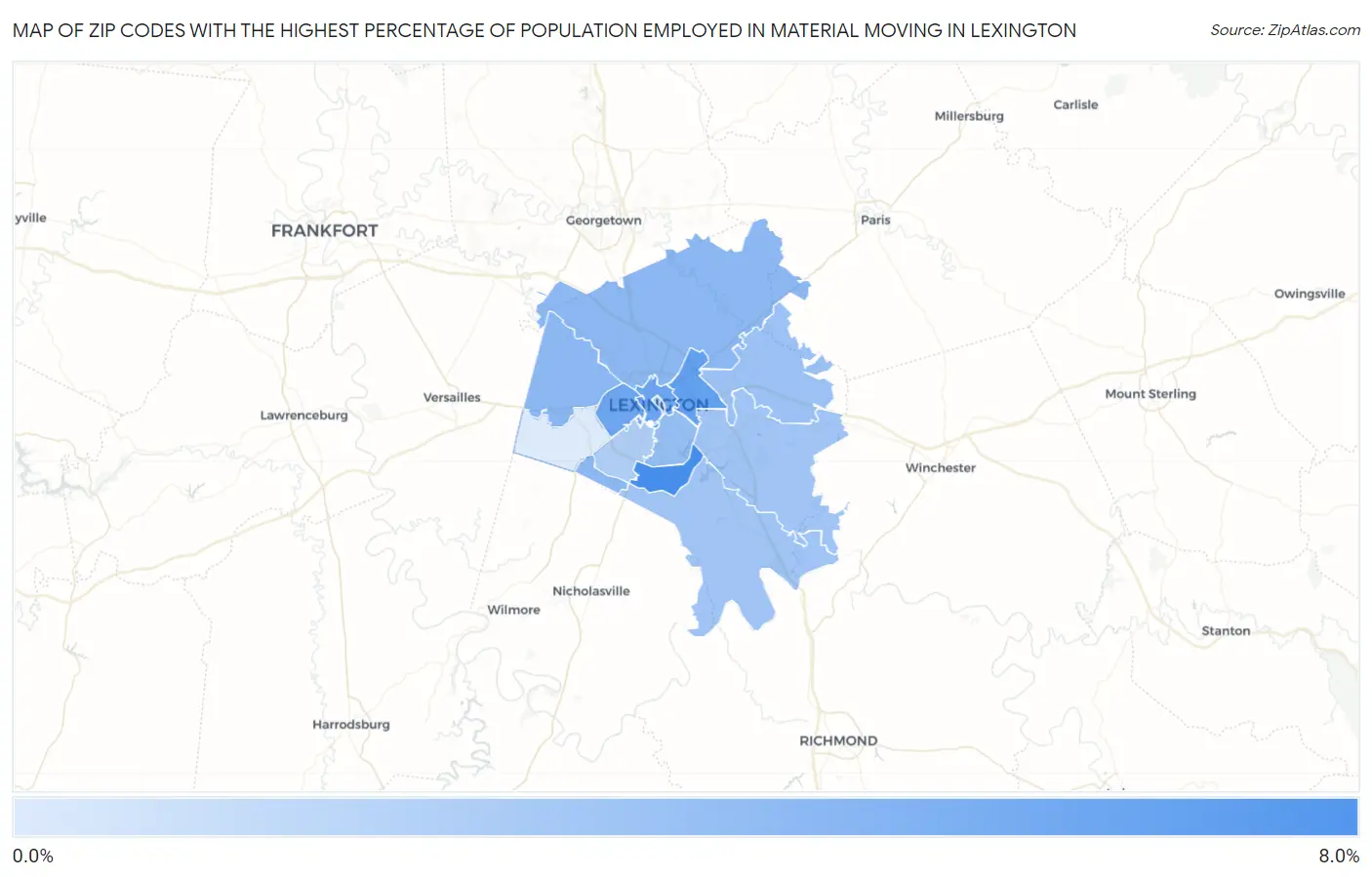 Zip Codes with the Highest Percentage of Population Employed in Material Moving in Lexington Map