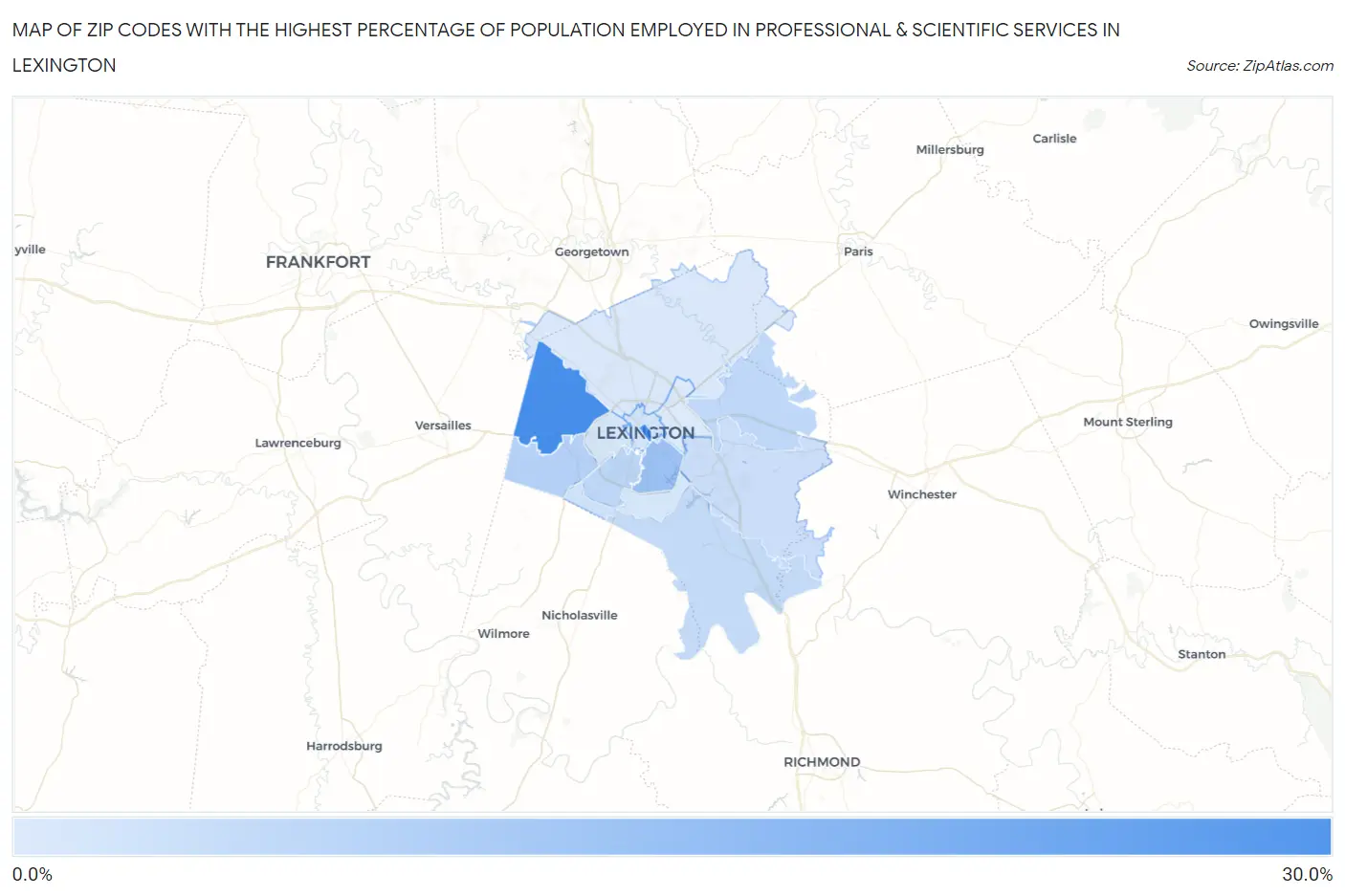 Zip Codes with the Highest Percentage of Population Employed in Professional & Scientific Services in Lexington Map
