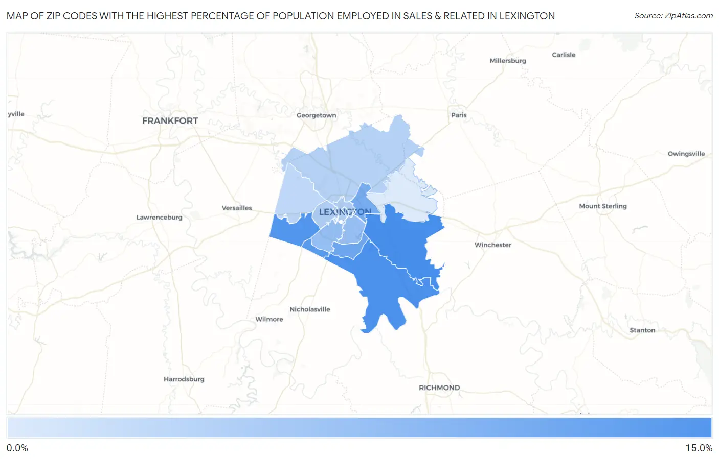 Zip Codes with the Highest Percentage of Population Employed in Sales & Related in Lexington Map