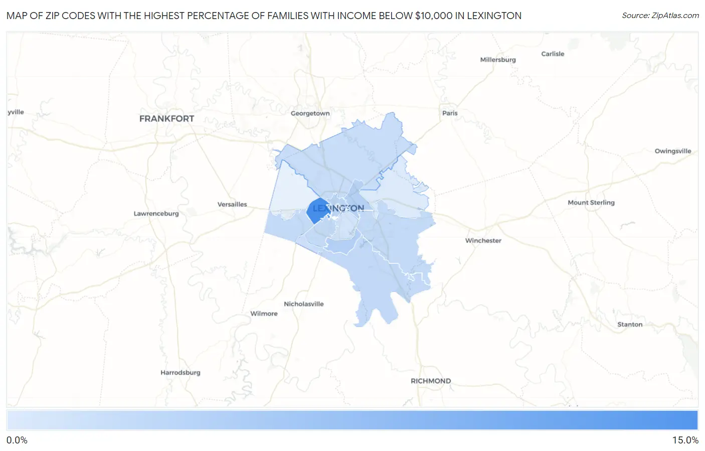 Zip Codes with the Highest Percentage of Families with Income Below $10,000 in Lexington Map