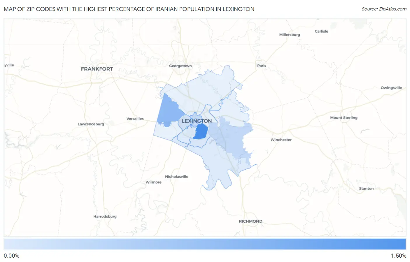 Zip Codes with the Highest Percentage of Iranian Population in Lexington Map