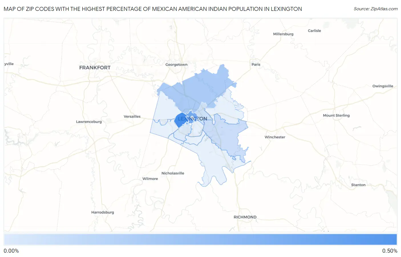 Zip Codes with the Highest Percentage of Mexican American Indian Population in Lexington Map