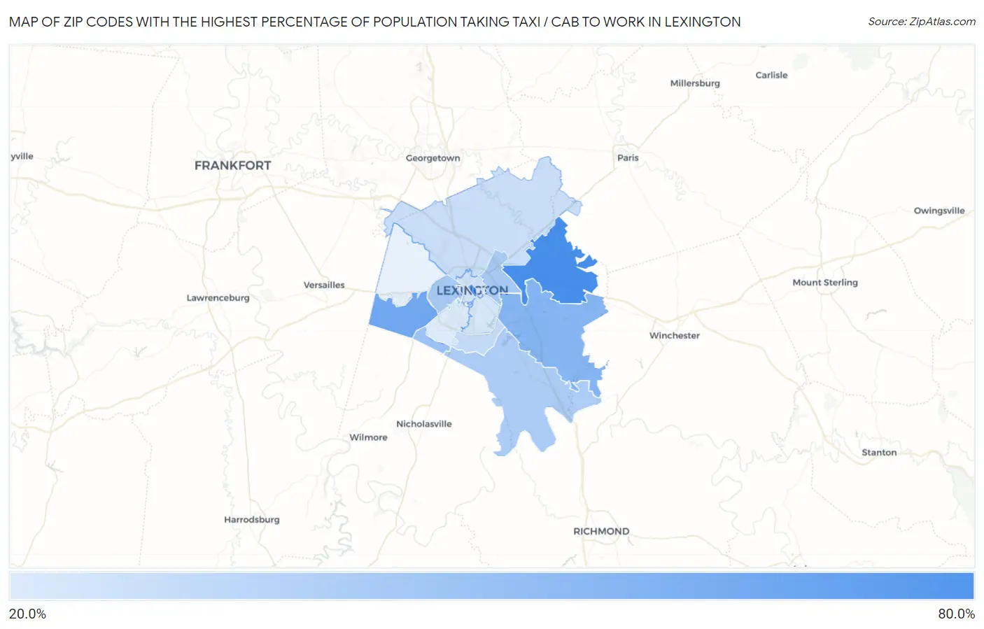 Zip Codes with the Highest Percentage of Population Taking Taxi / Cab to Work in Lexington Map