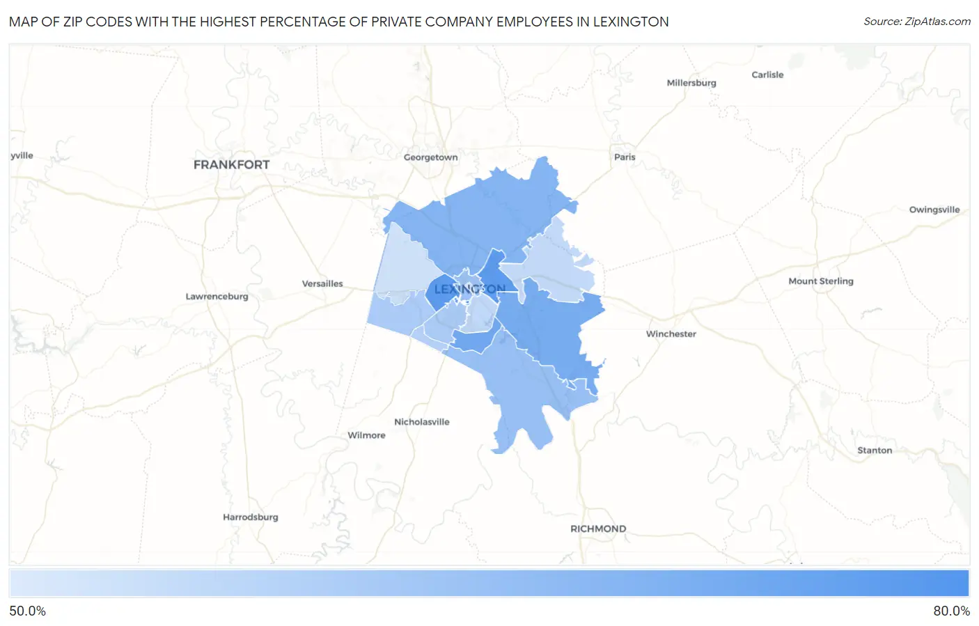 Zip Codes with the Highest Percentage of Private Company Employees in Lexington Map