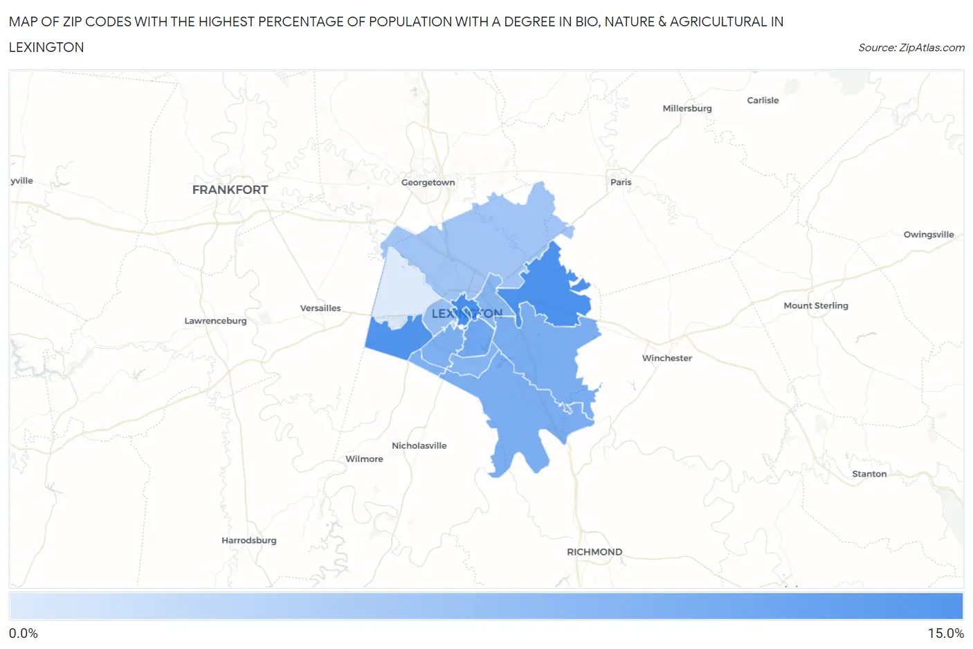 Zip Codes with the Highest Percentage of Population with a Degree in Bio, Nature & Agricultural in Lexington Map
