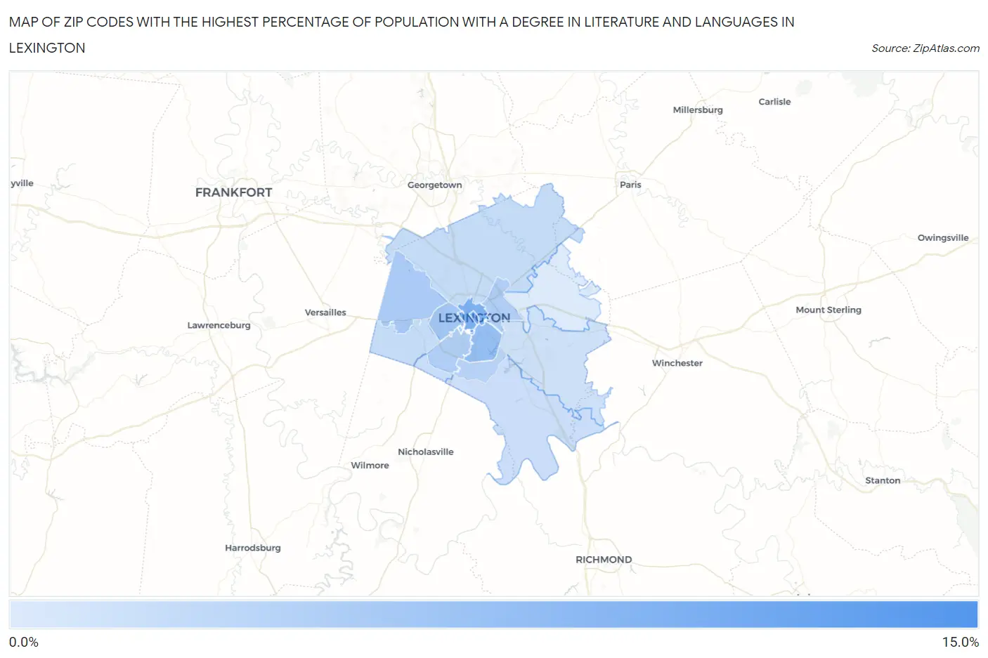 Zip Codes with the Highest Percentage of Population with a Degree in Literature and Languages in Lexington Map