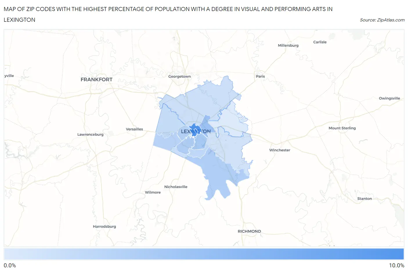 Zip Codes with the Highest Percentage of Population with a Degree in Visual and Performing Arts in Lexington Map