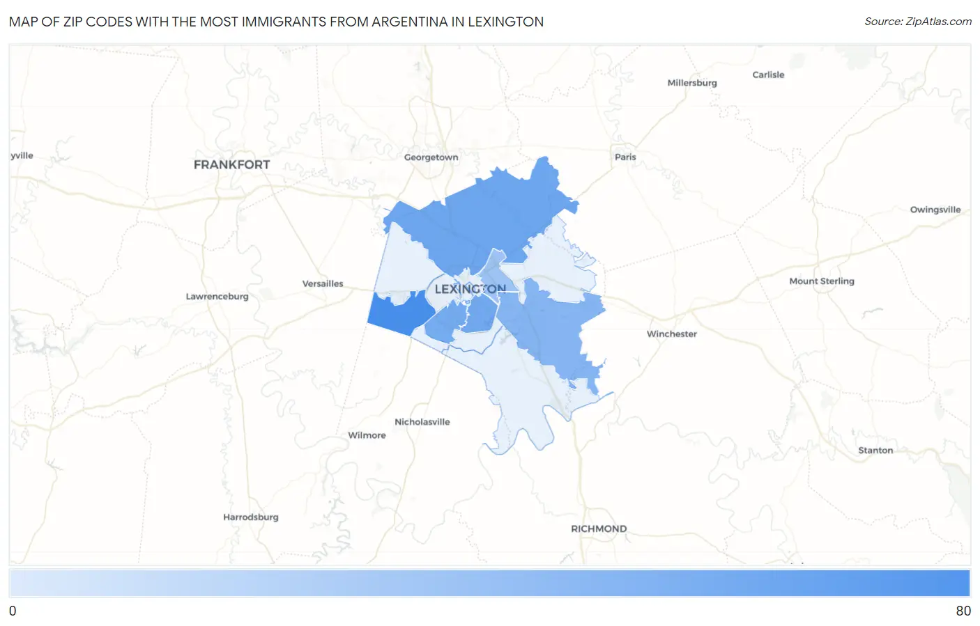 Zip Codes with the Most Immigrants from Argentina in Lexington Map