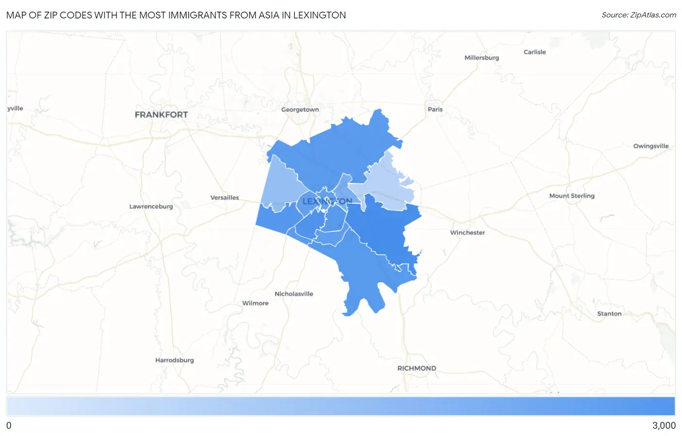 Zip Codes with the Most Immigrants from Asia in Lexington Map