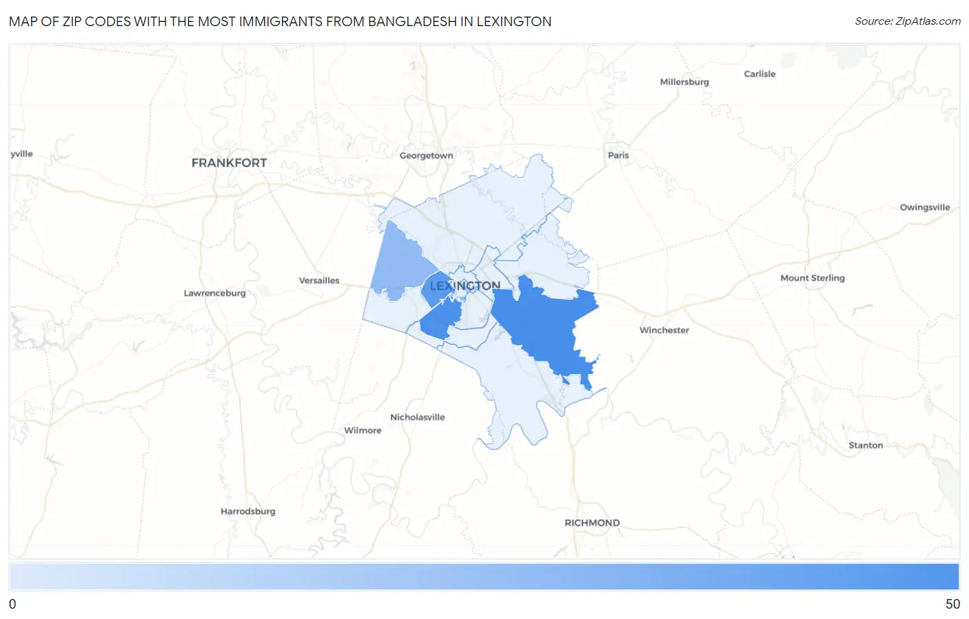 Zip Codes with the Most Immigrants from Bangladesh in Lexington Map