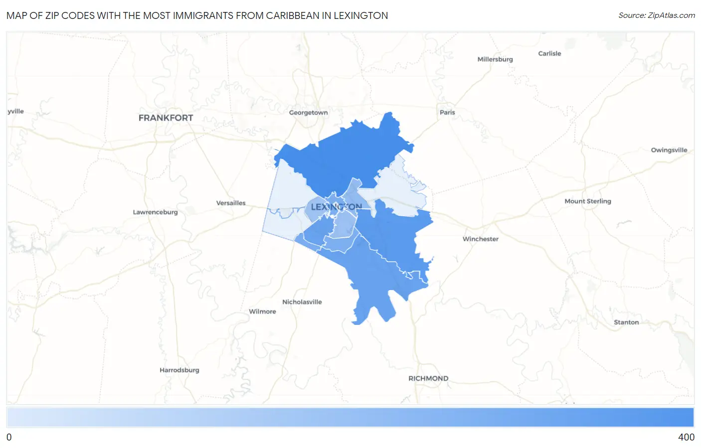 Zip Codes with the Most Immigrants from Caribbean in Lexington Map