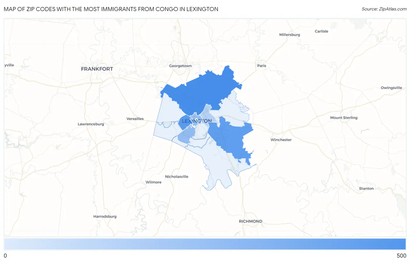 Zip Codes with the Most Immigrants from Congo in Lexington Map
