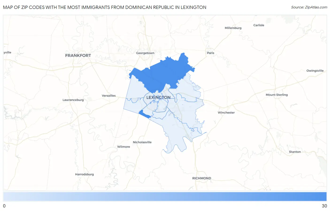 Zip Codes with the Most Immigrants from Dominican Republic in Lexington Map
