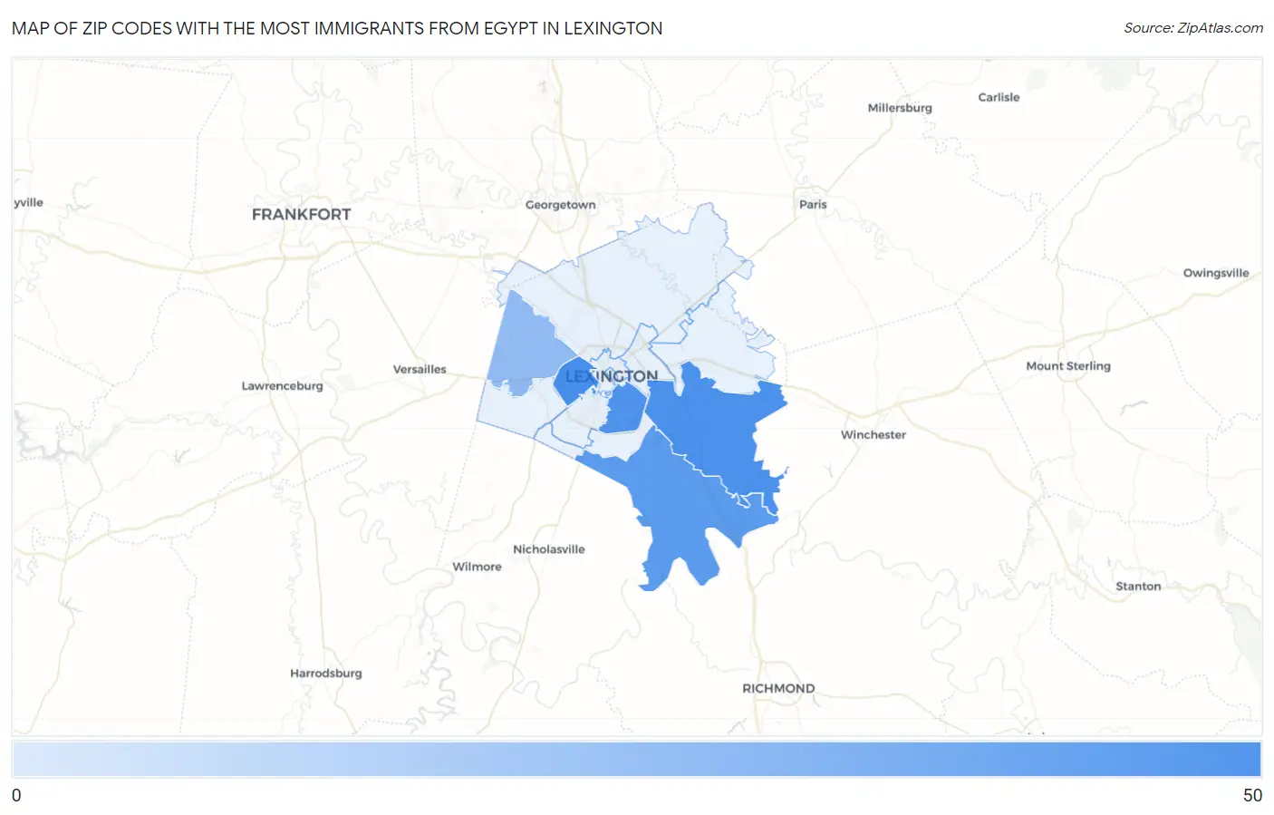 Zip Codes with the Most Immigrants from Egypt in Lexington Map