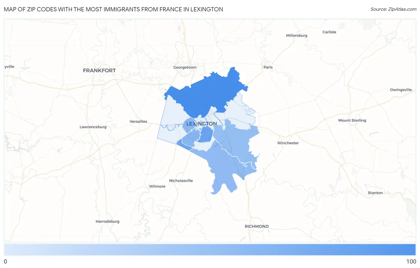 Zip Codes with the Most Immigrants from France in Lexington Map