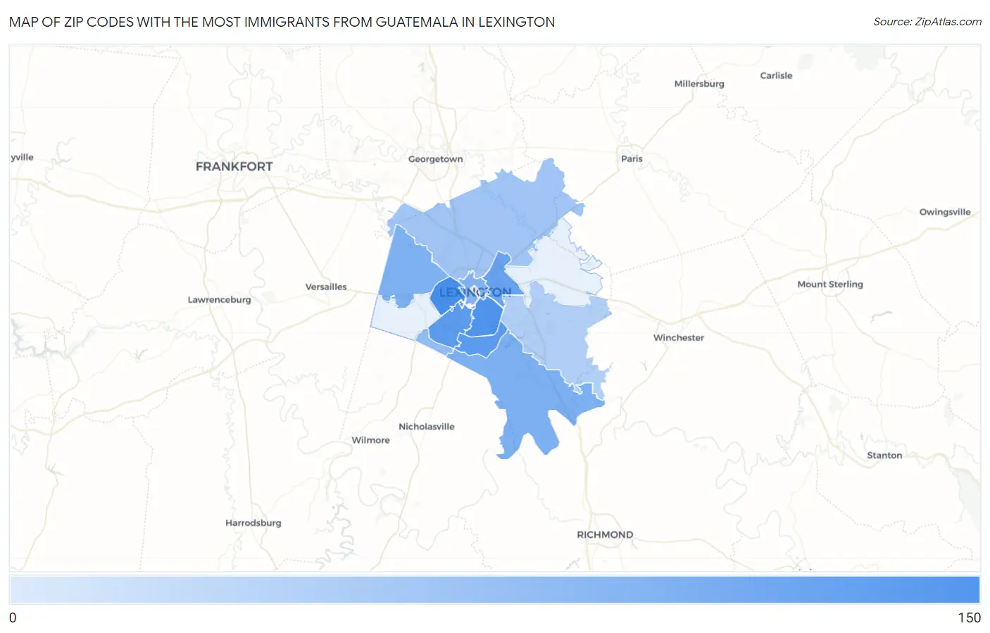 Zip Codes with the Most Immigrants from Guatemala in Lexington Map