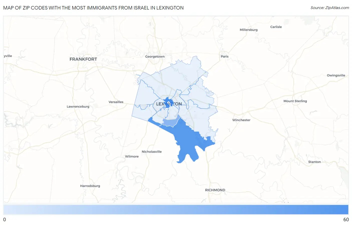 Zip Codes with the Most Immigrants from Israel in Lexington Map