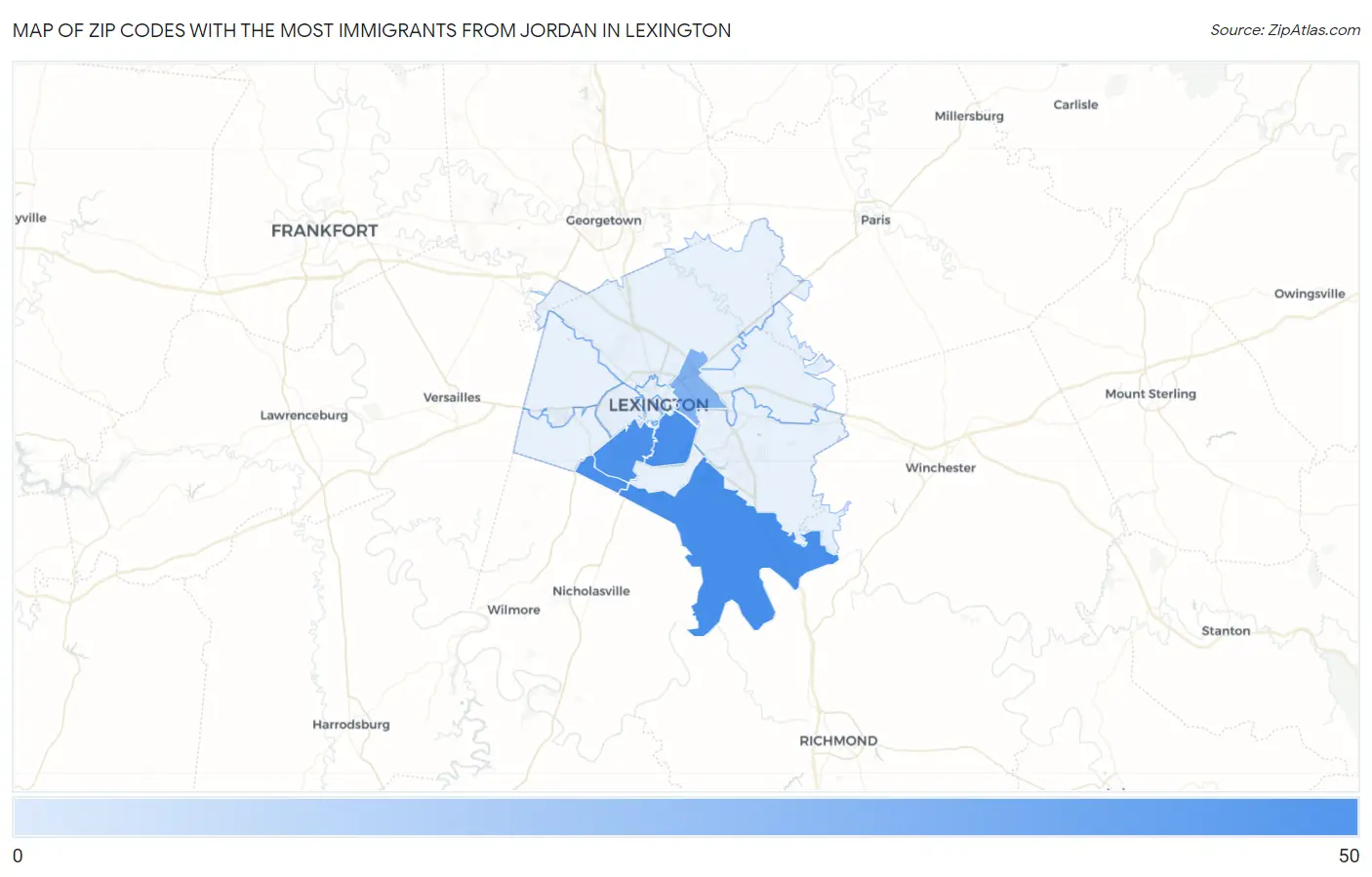 Zip Codes with the Most Immigrants from Jordan in Lexington Map