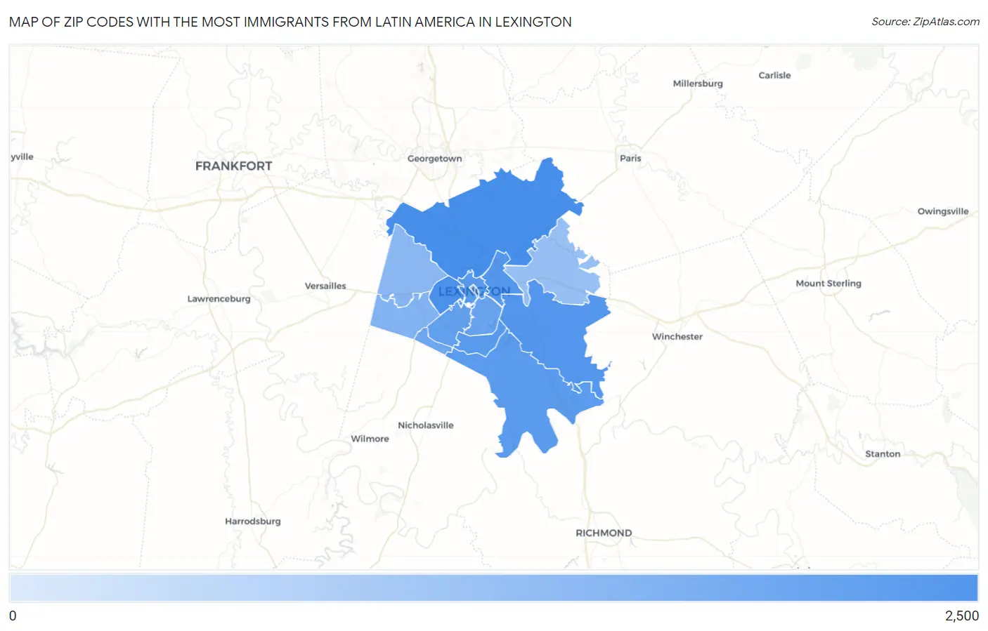 Zip Codes with the Most Immigrants from Latin America in Lexington Map
