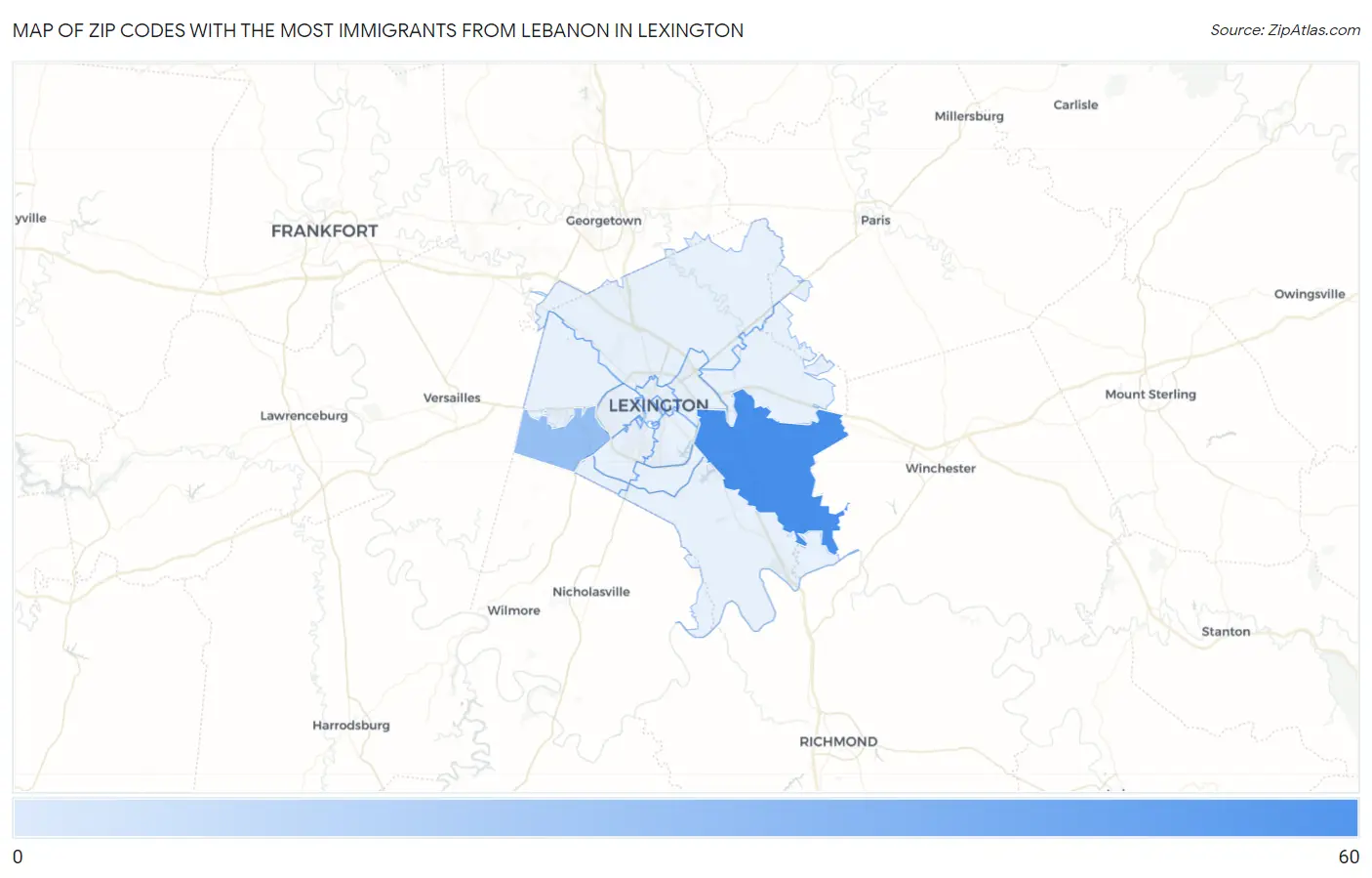 Zip Codes with the Most Immigrants from Lebanon in Lexington Map