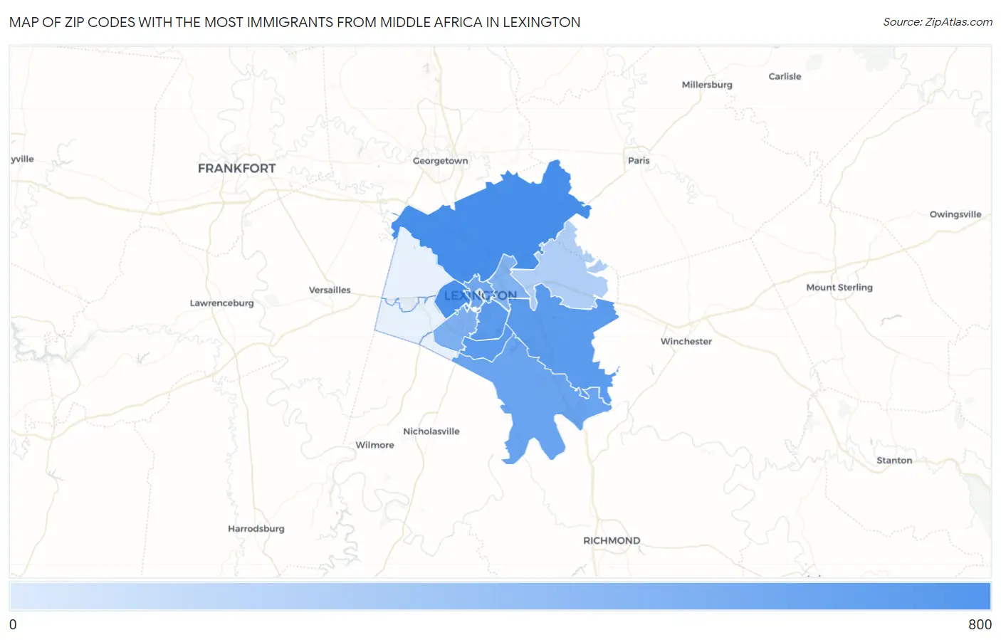 Zip Codes with the Most Immigrants from Middle Africa in Lexington Map