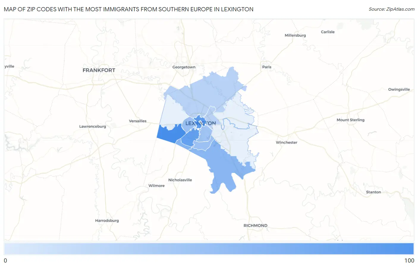 Zip Codes with the Most Immigrants from Southern Europe in Lexington Map