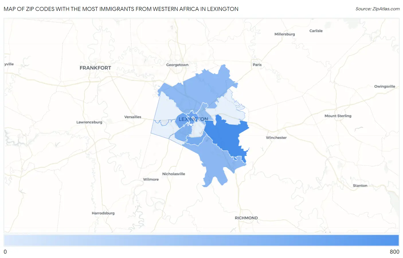 Zip Codes with the Most Immigrants from Western Africa in Lexington Map