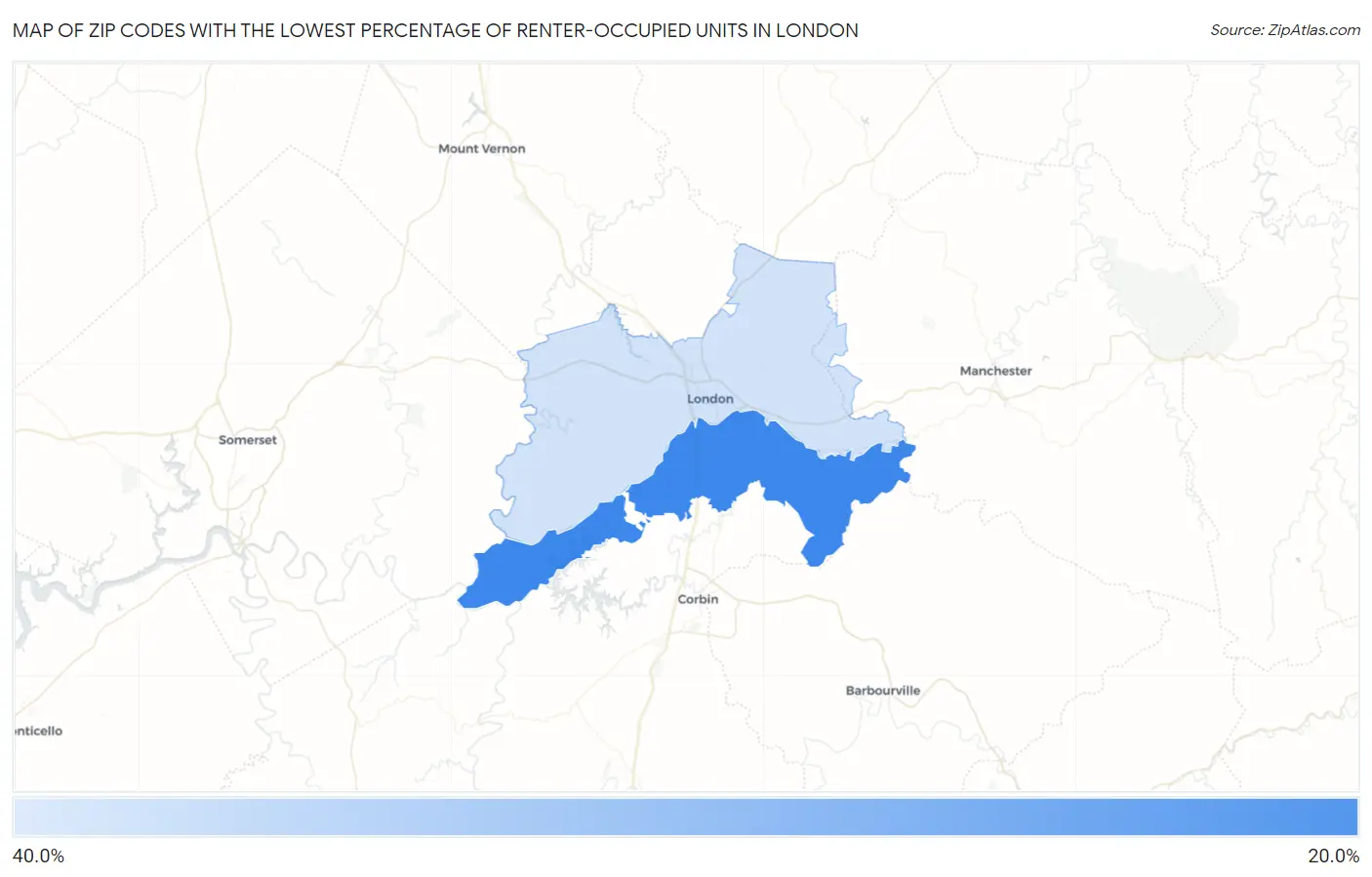 Zip Codes with the Lowest Percentage of Renter-Occupied Units in London Map