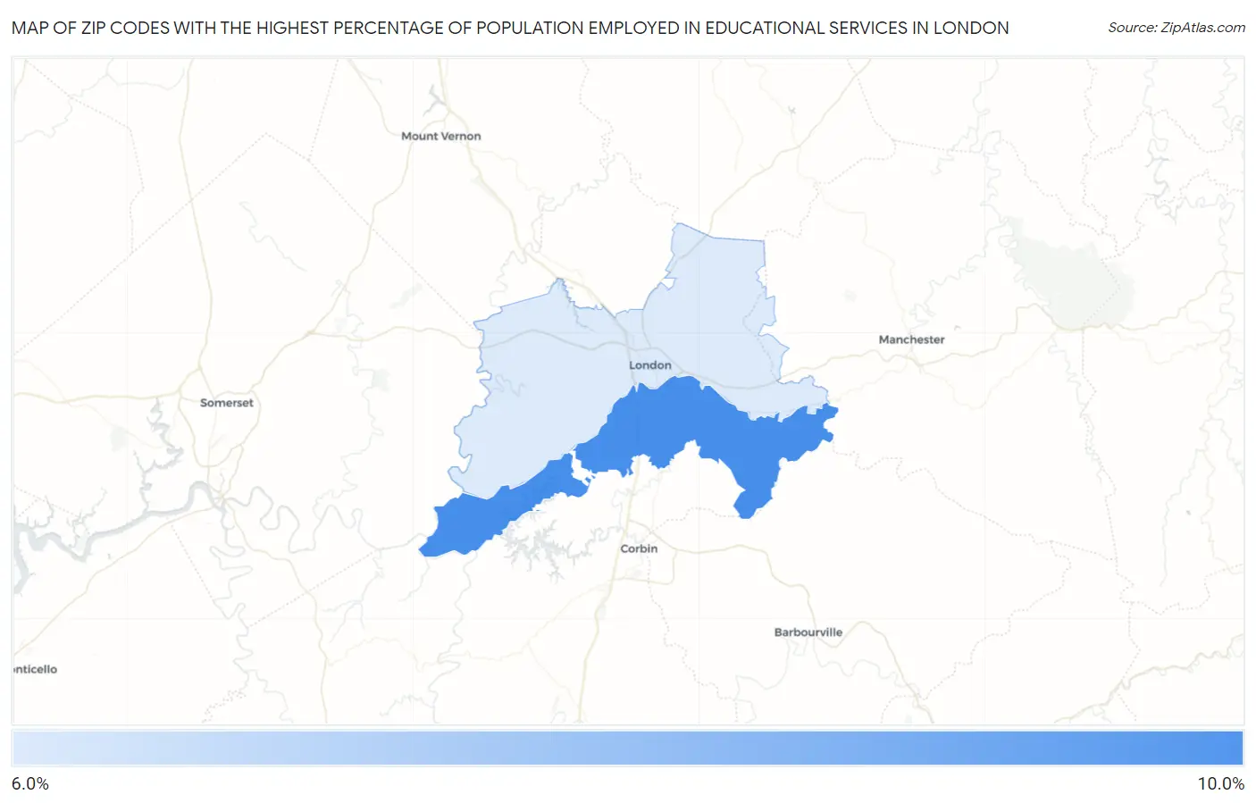 Zip Codes with the Highest Percentage of Population Employed in Educational Services in London Map