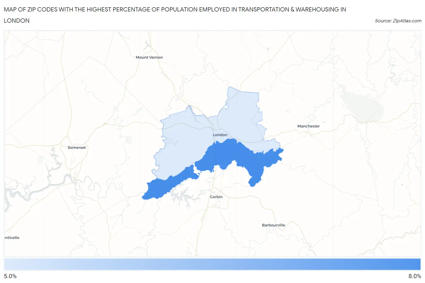 Zip Codes with the Highest Percentage of Population Employed in Transportation & Warehousing in London Map