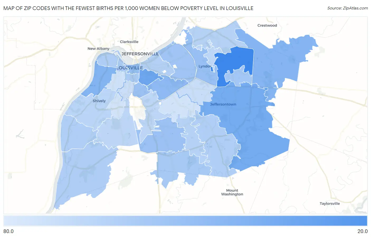 Zip Codes with the Fewest Births per 1,000 Women Below Poverty Level in Louisville Map