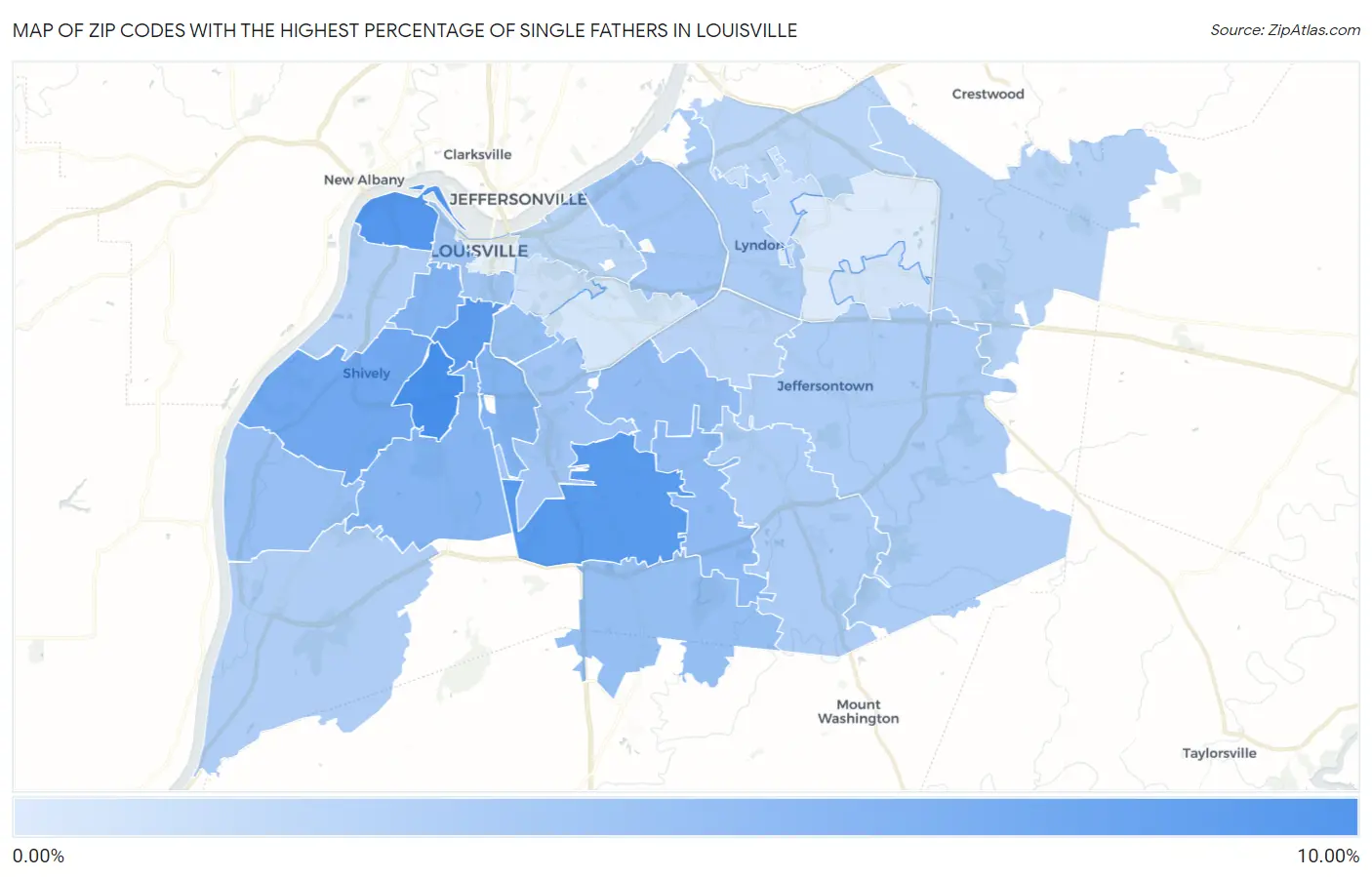 Zip Codes with the Highest Percentage of Single Fathers in Louisville Map