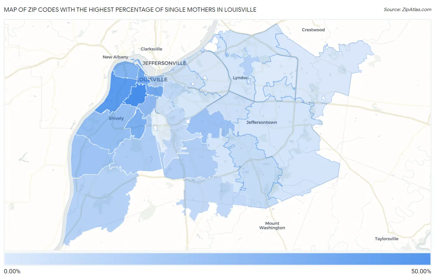 Zip Codes with the Highest Percentage of Single Mothers in Louisville Map