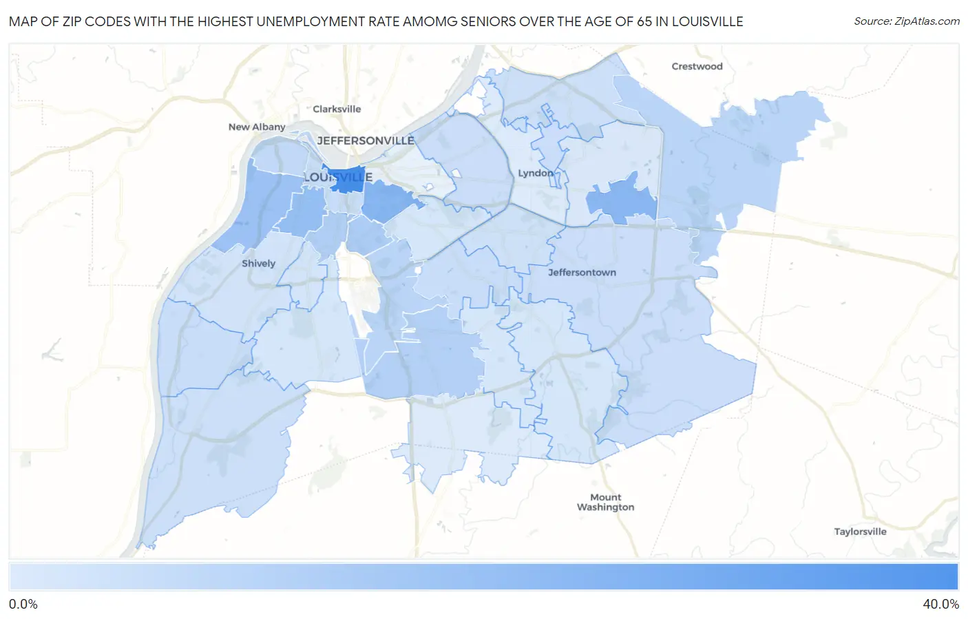 Zip Codes with the Highest Unemployment Rate Amomg Seniors Over the Age of 65 in Louisville Map