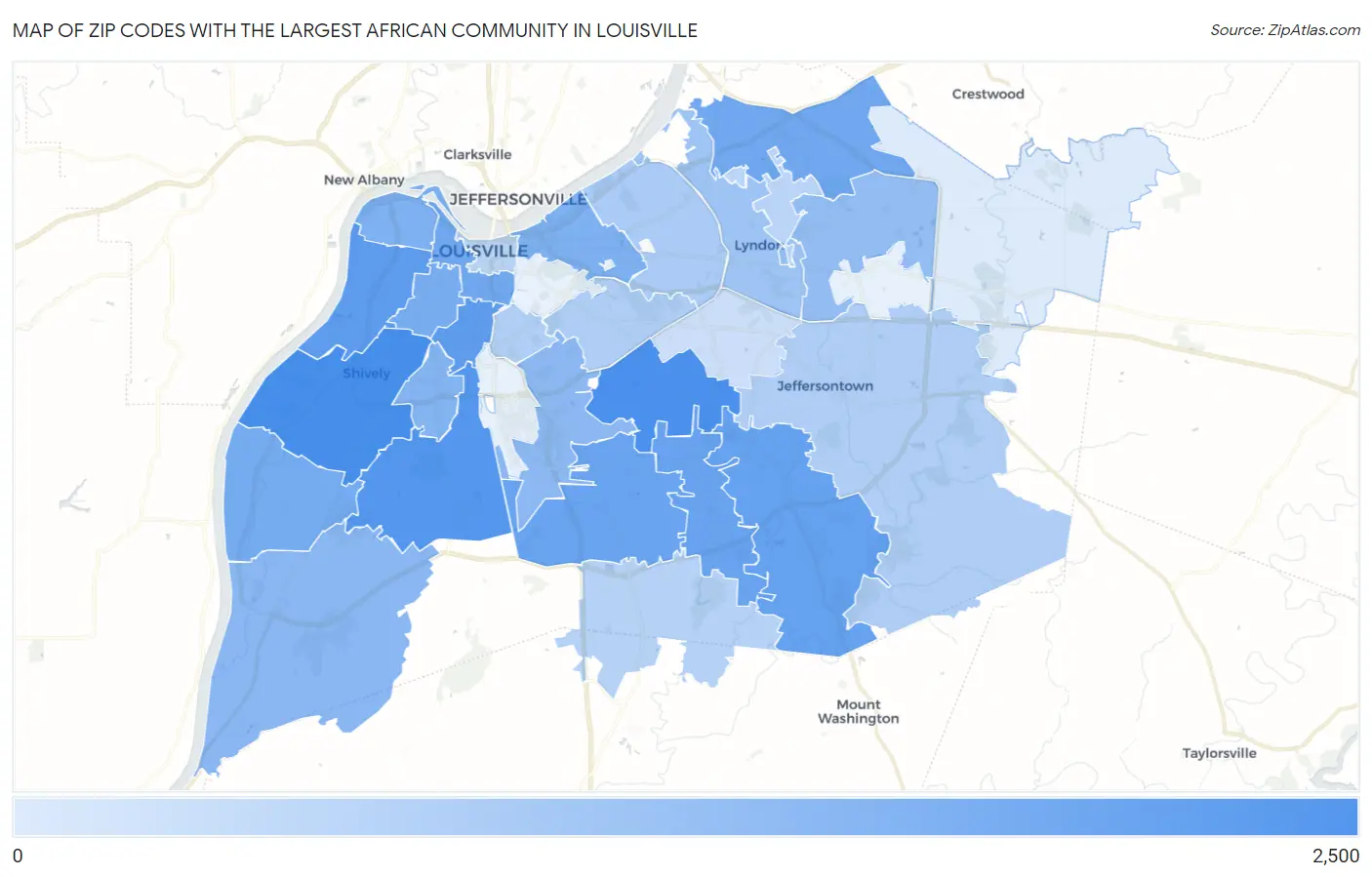 Zip Codes with the Largest African Community in Louisville Map