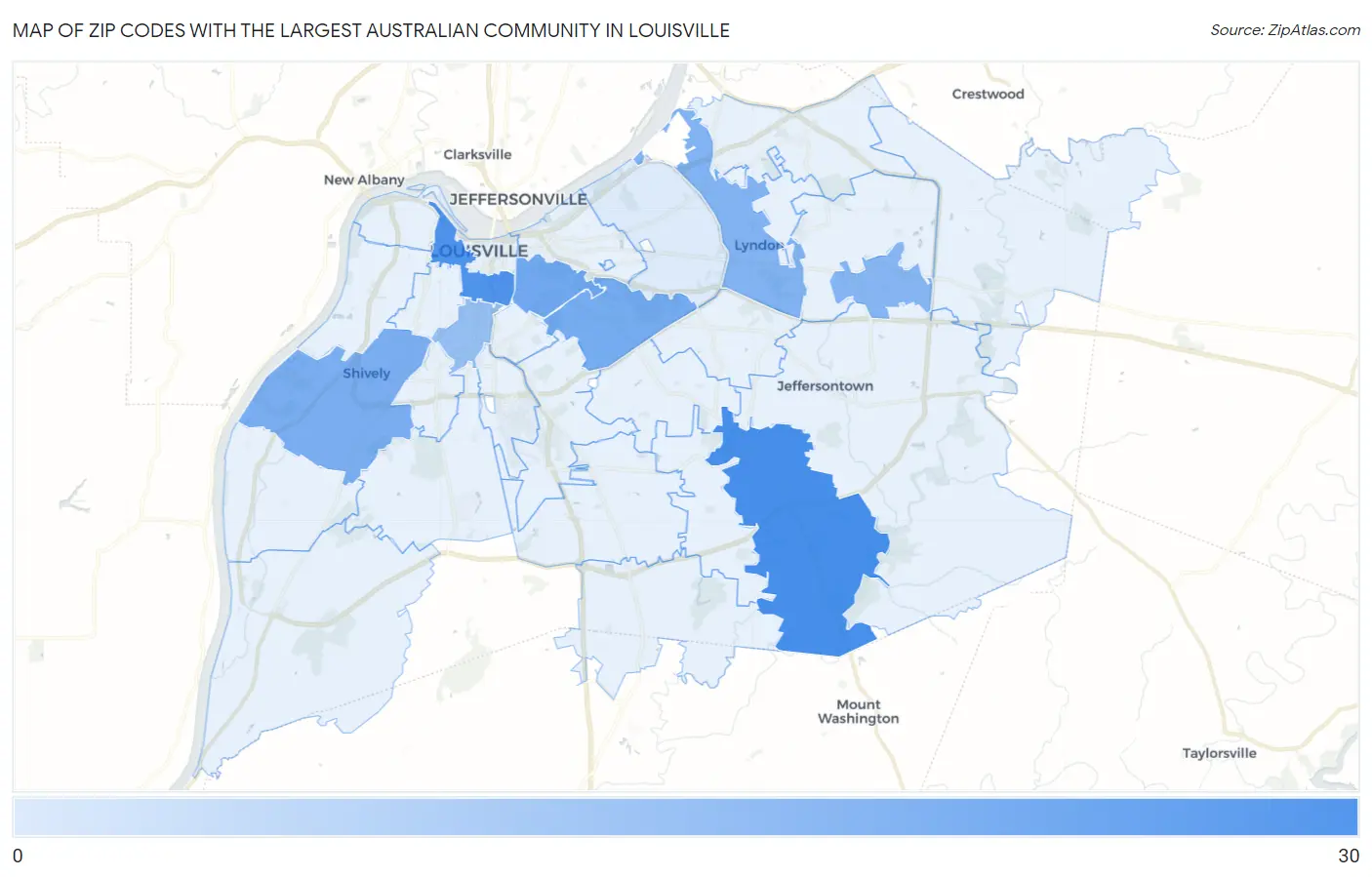 Zip Codes with the Largest Australian Community in Louisville Map