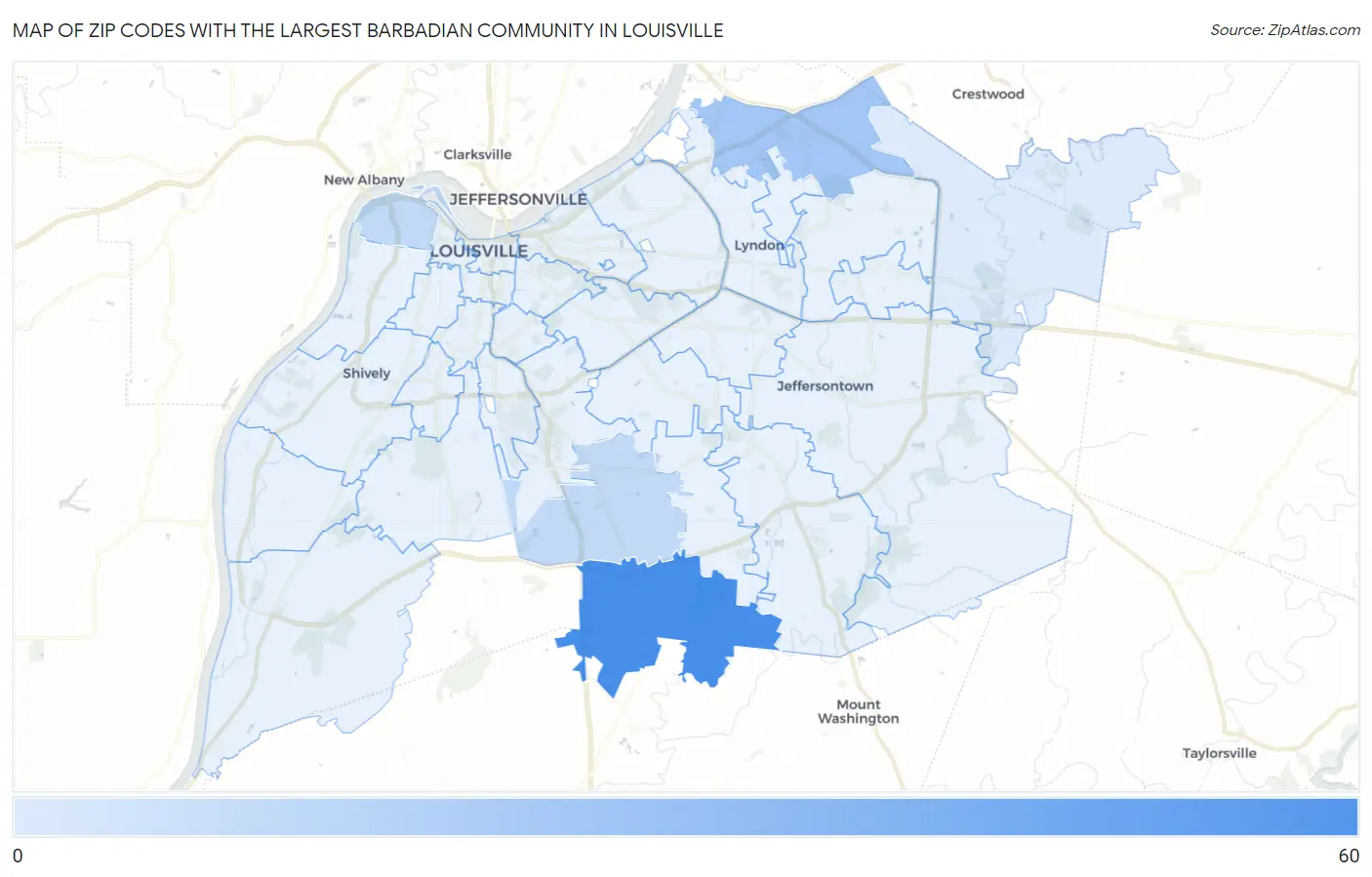 Zip Codes with the Largest Barbadian Community in Louisville Map