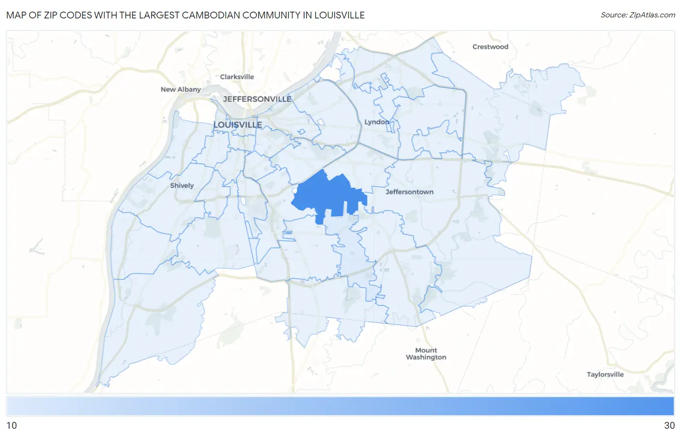 Zip Codes with the Largest Cambodian Community in Louisville Map