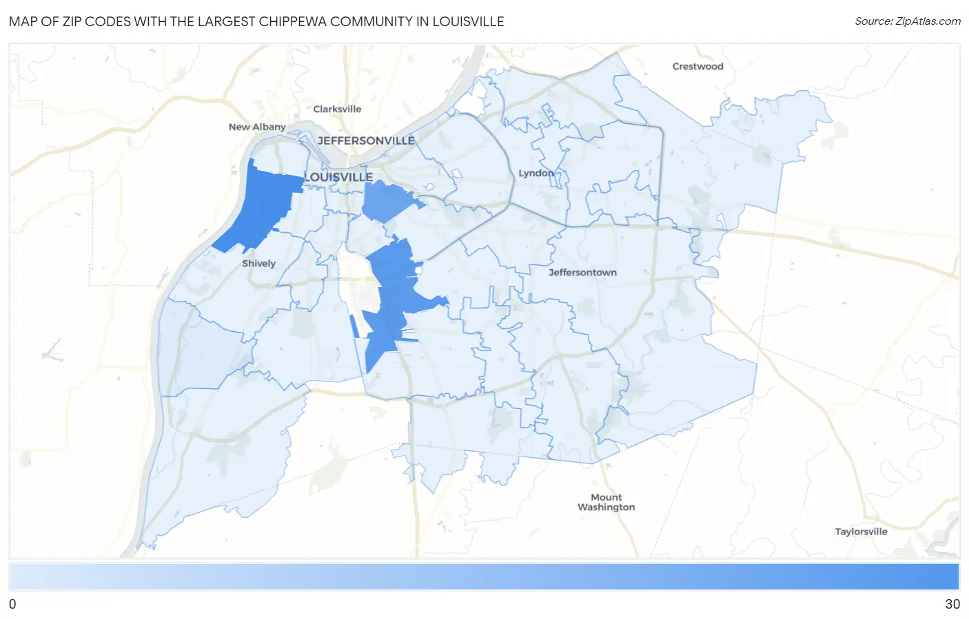 Zip Codes with the Largest Chippewa Community in Louisville Map