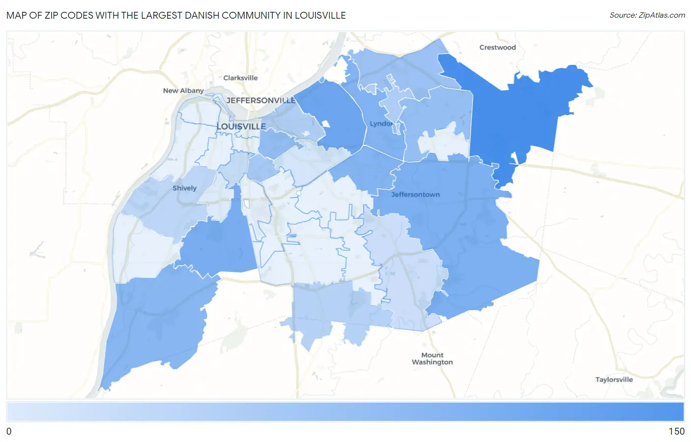 Zip Codes with the Largest Danish Community in Louisville Map