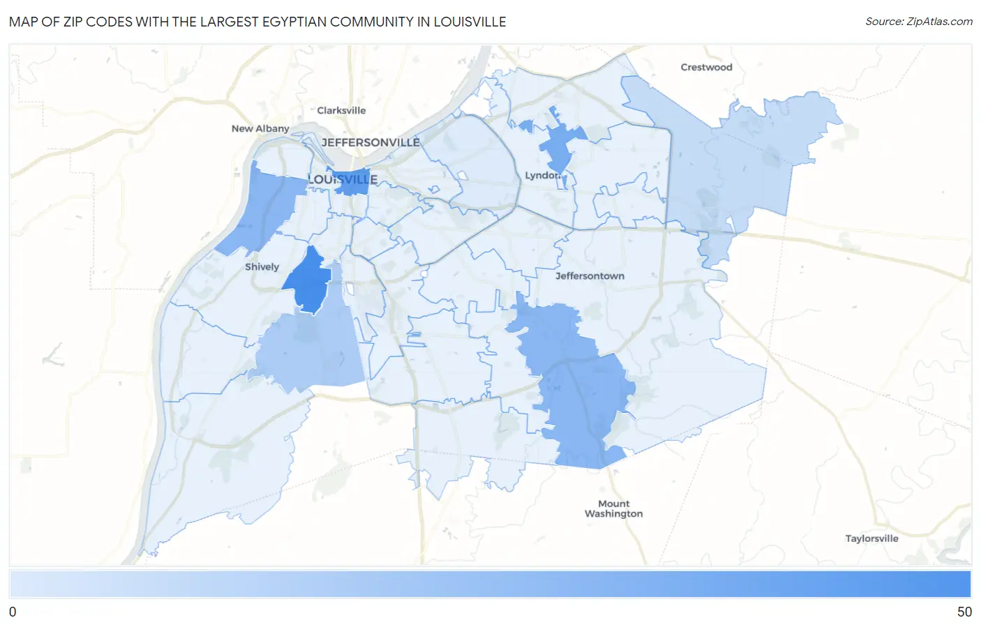 Zip Codes with the Largest Egyptian Community in Louisville Map