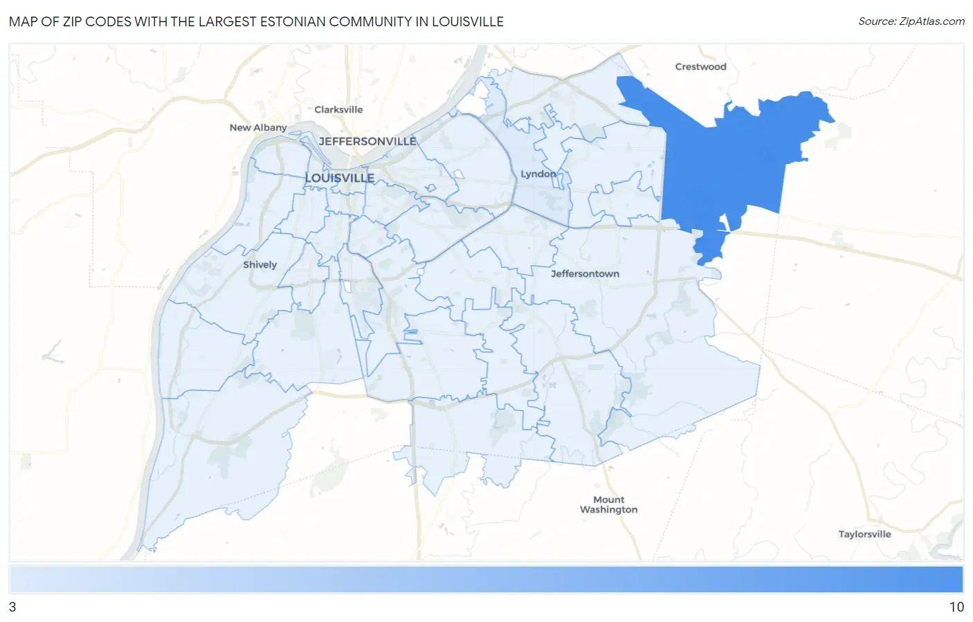Zip Codes with the Largest Estonian Community in Louisville Map