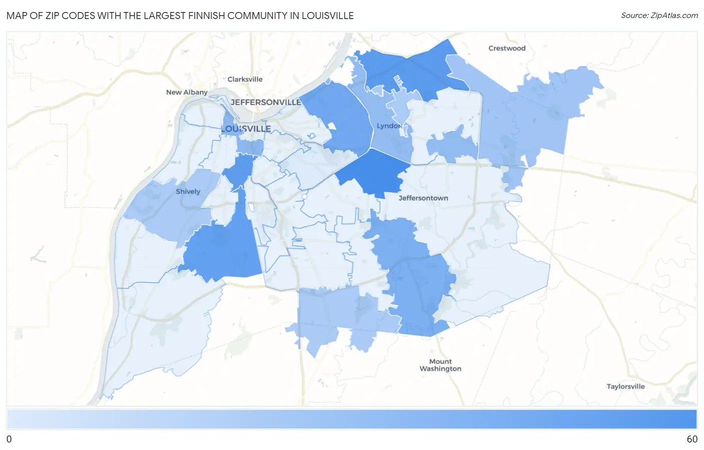 Zip Codes with the Largest Finnish Community in Louisville Map
