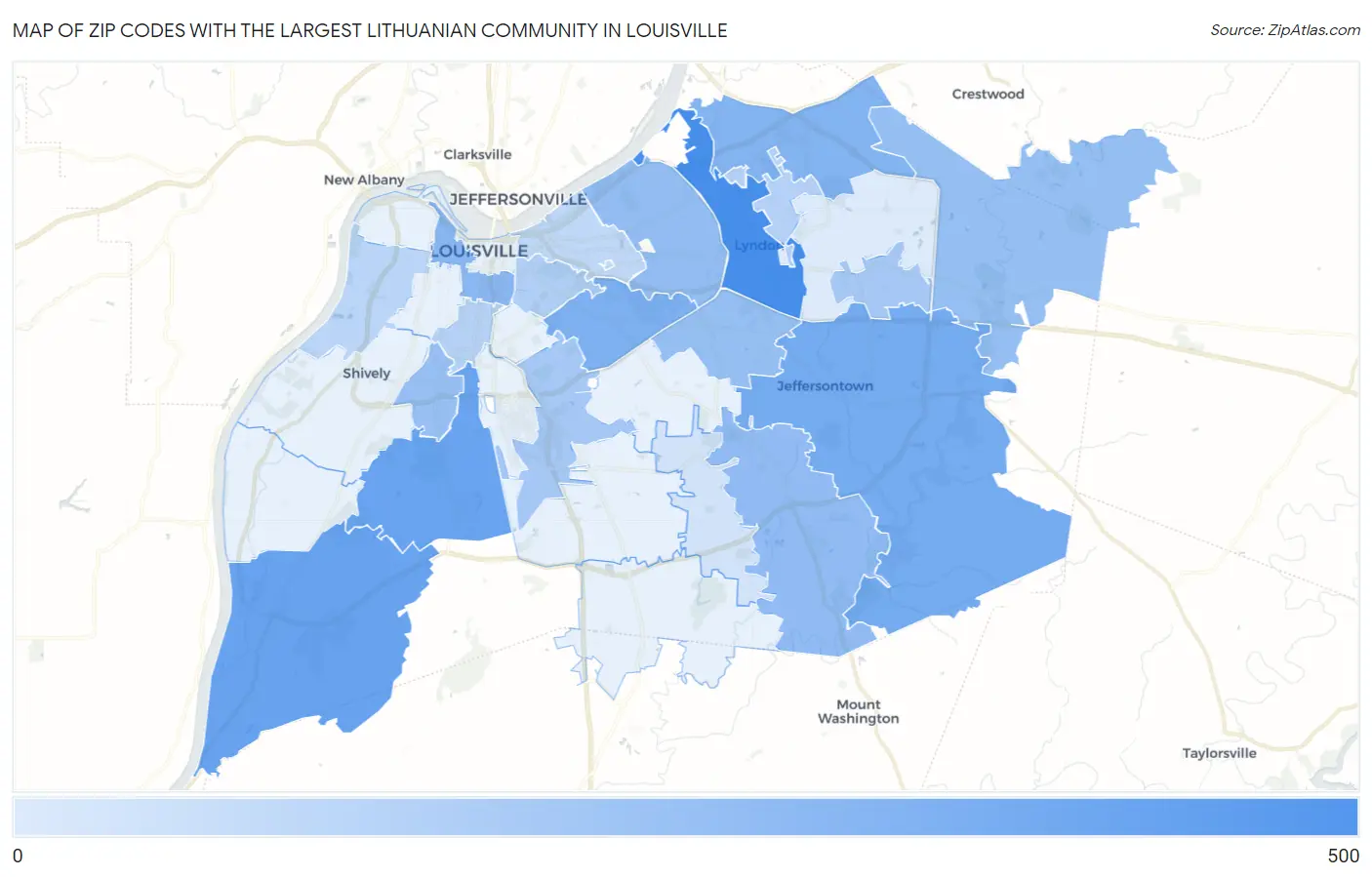 Zip Codes with the Largest Lithuanian Community in Louisville Map