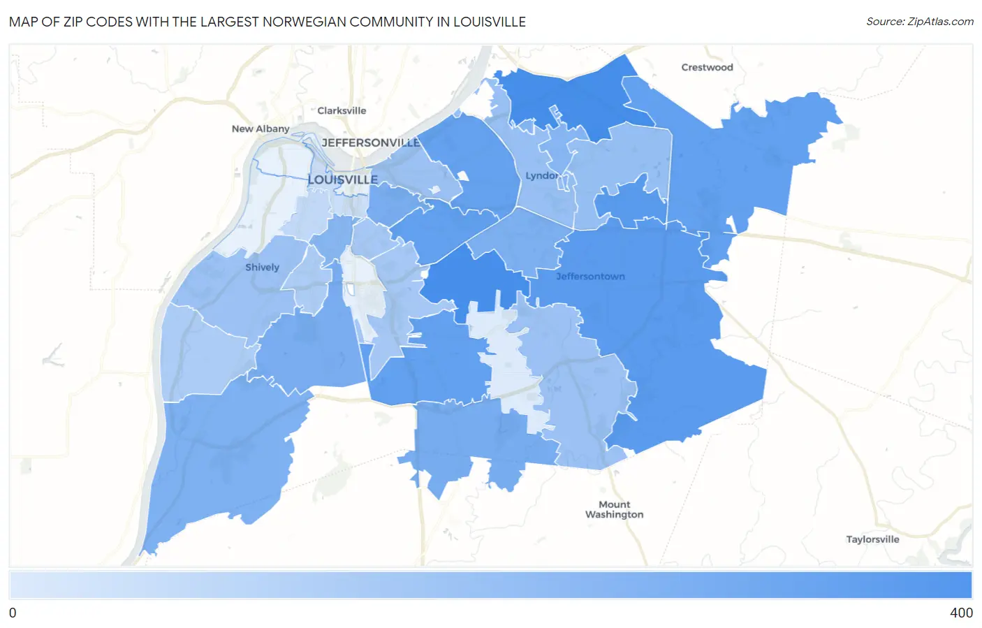 Zip Codes with the Largest Norwegian Community in Louisville Map